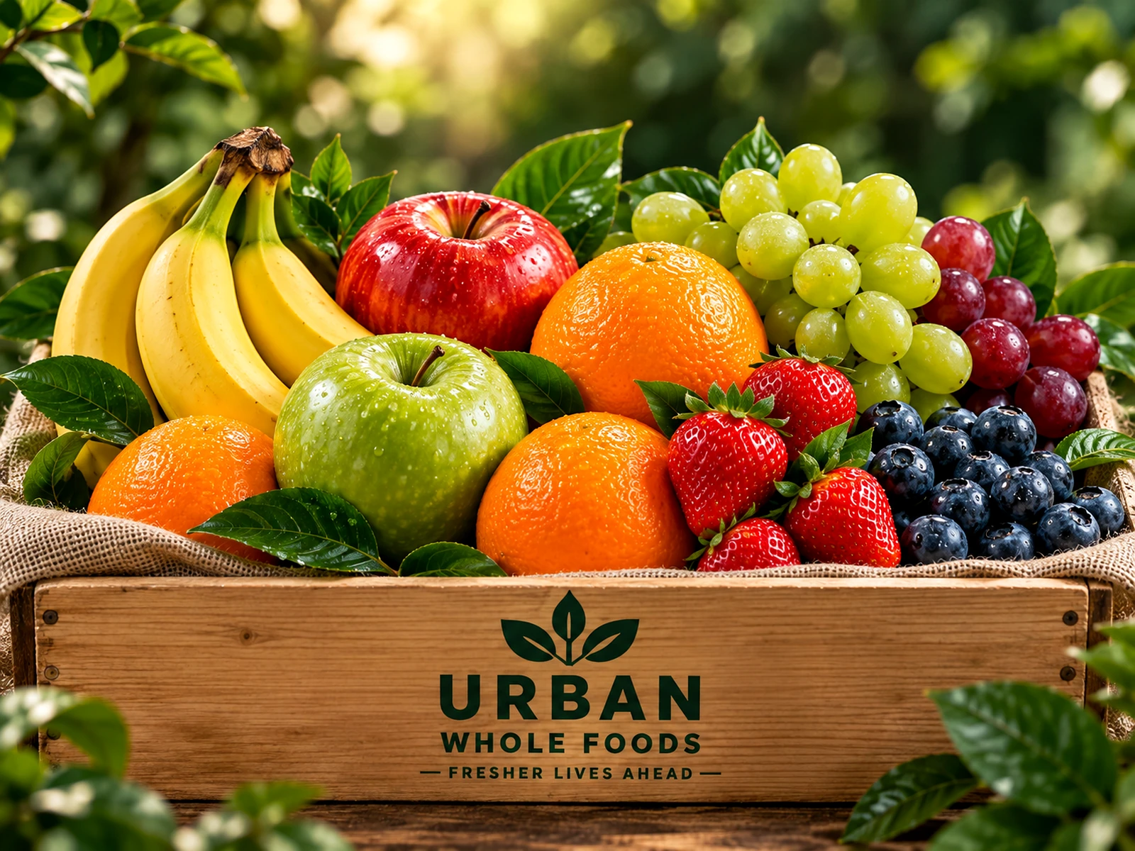 Essential Box with bananas, apples, oranges, grapes, strawberries and blueberries